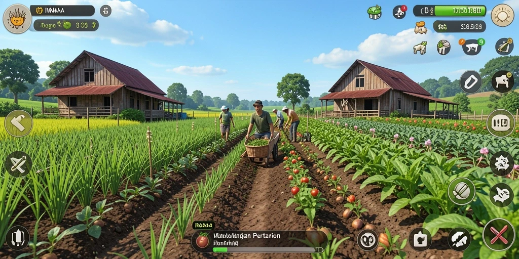 Tangkapan layar gameplay INDAAA menampilkan ladang yang subur dan beragam aktivitas pertanian.