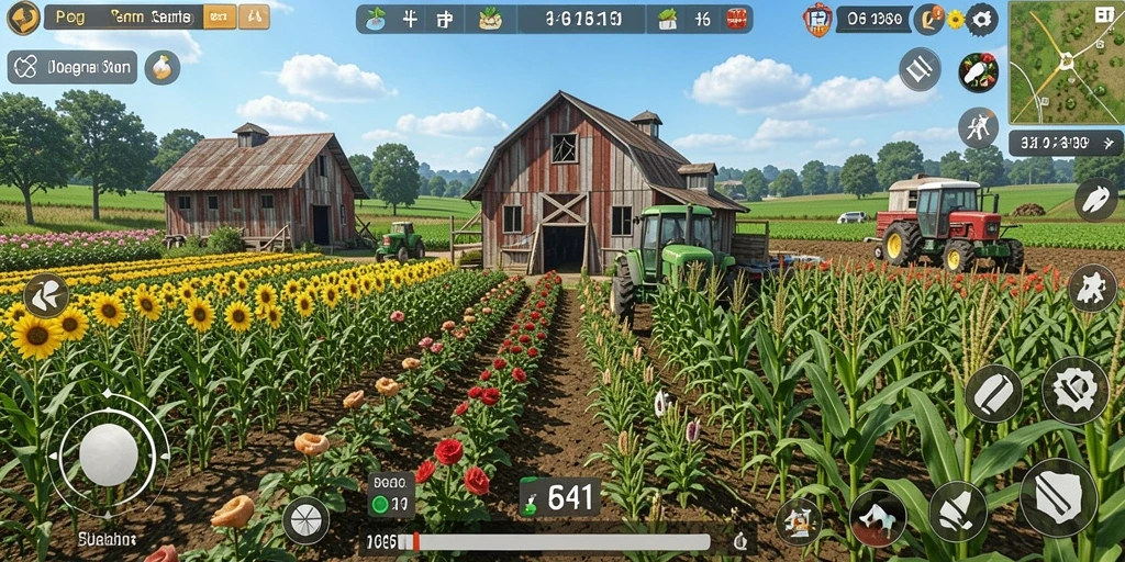 Screenshot utama PG11 menampilkan aksi seru bercocok tanam di ladang.