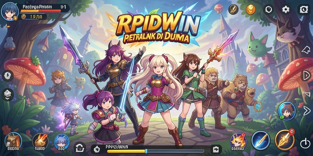 Screenshot gameplay RPIDWIN yang menampilkan aksi karakter anime.
