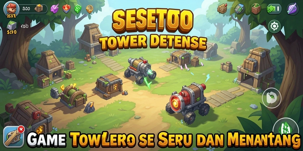 Screenshot gameplay SESETOTO menampilkan aksi menara pertahanan yang mendebarkan.
